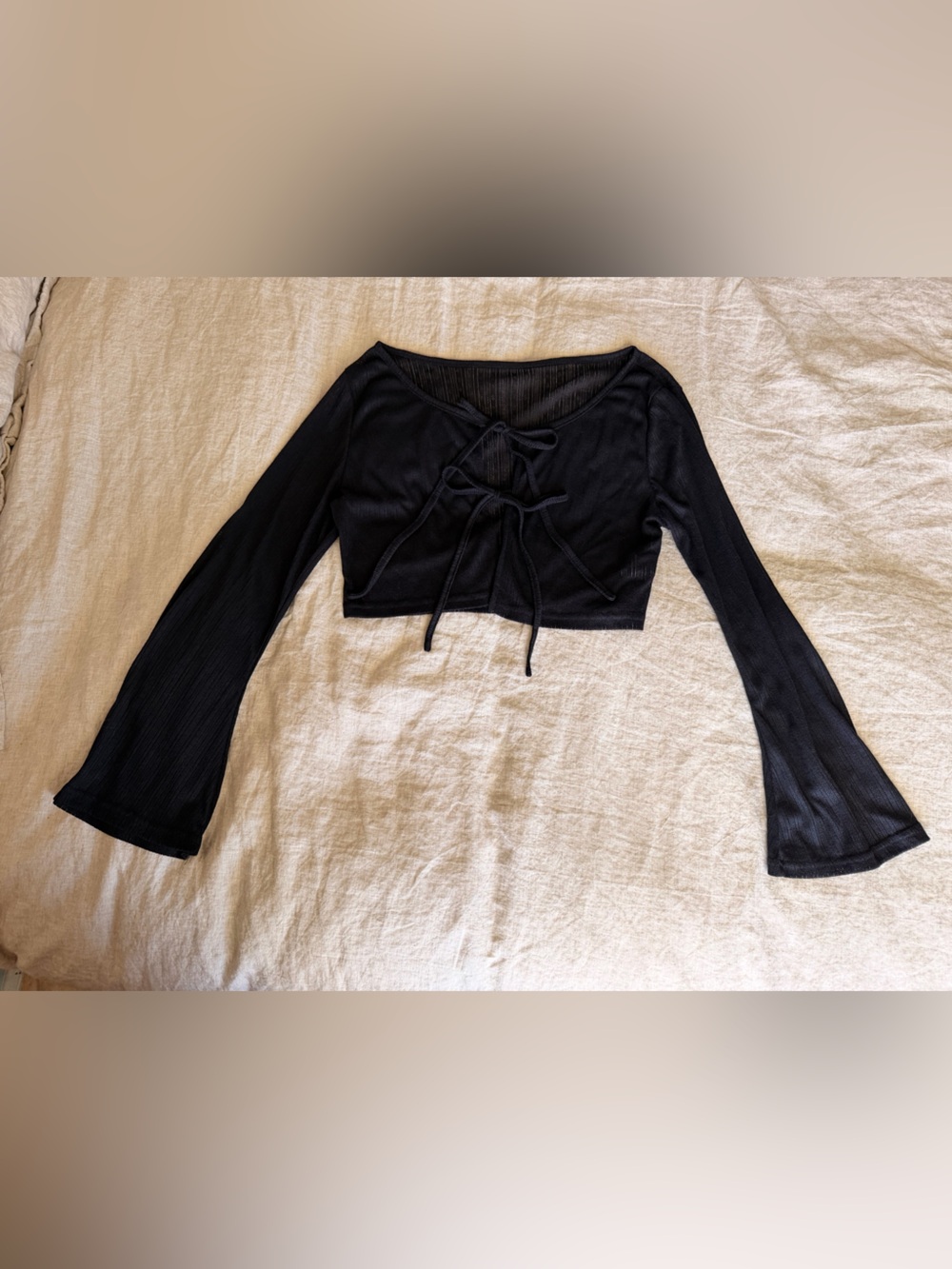 NWOT Black Lace-Up Long Sleeve Crop Top With Flare Sleeves Like New Size L